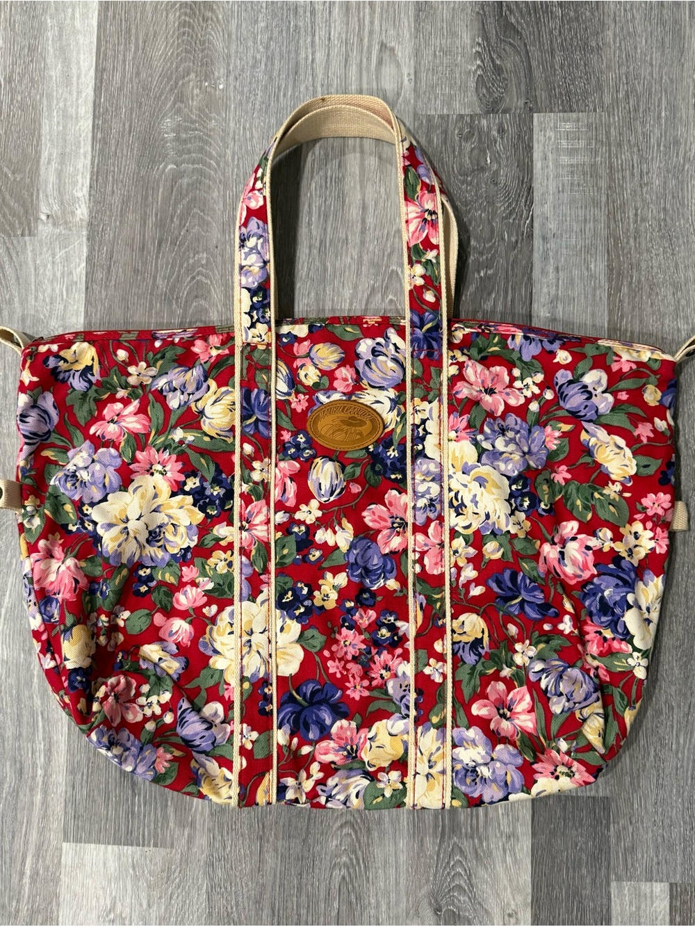 Vintage Malibu Canyon Large Red Floral Canvas Weekender Carry On Tote Bag 90βs
